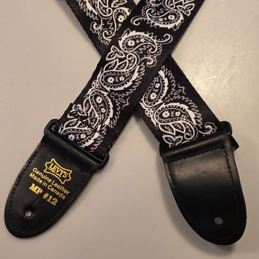 Levy's Black White Paisley Bandana Pattern Guitar Strap Made in Canada