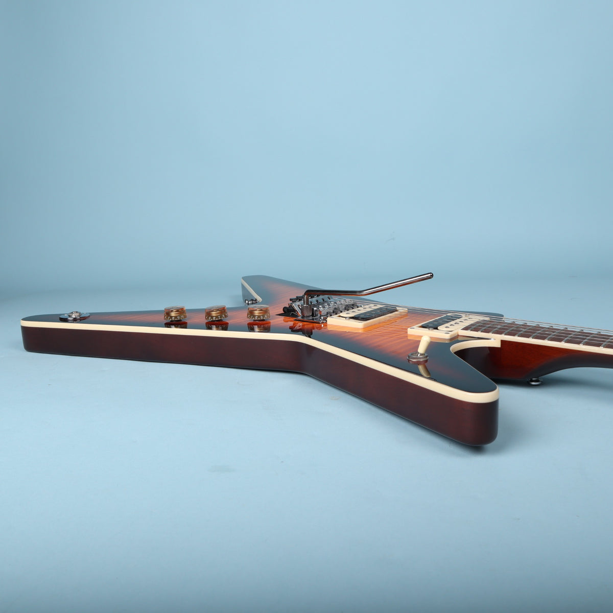 Side view of upper body contour and neck joint on Dean ML electric guitar