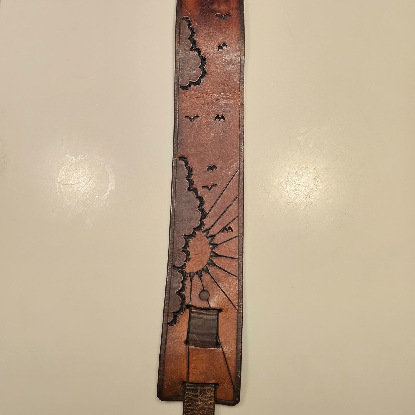 Vintage Tooled Leather Guitar Strap w/ Sun Cloud Bird Design