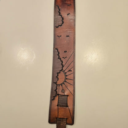 Vintage Tooled Leather Guitar Strap w/ Sun Cloud Bird Design