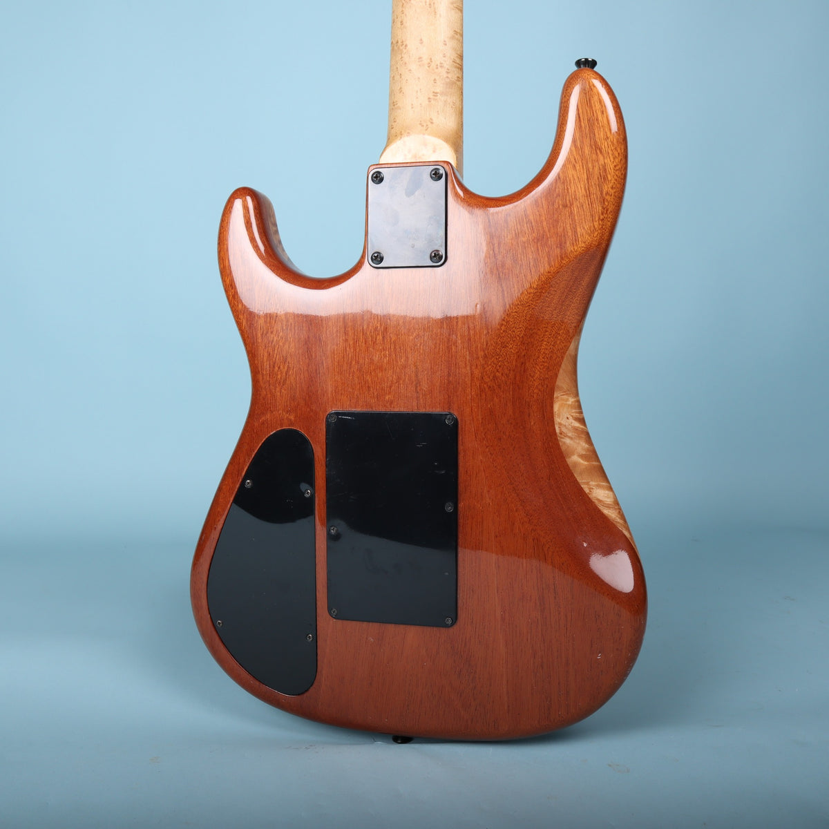 Rear view of natural finish double-cutaway guitar body.