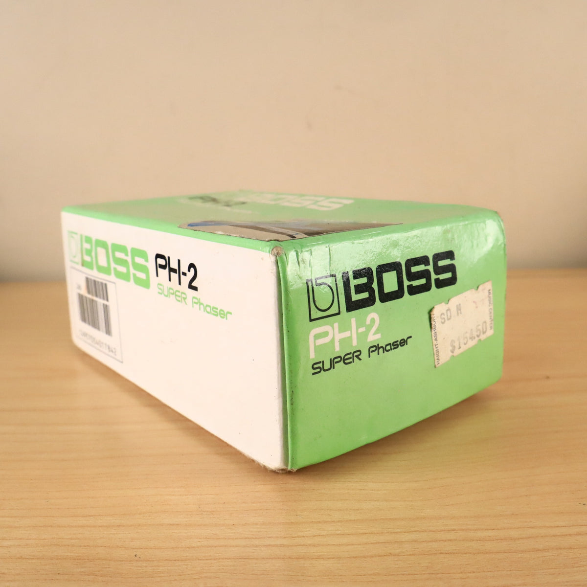End panel of the BOSS PH-2 box showing original Haight-Ashbury Music Center price sticker.