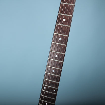 Close-up of the rosewood fretboard showing nickel-silver frets and pearloid dot inlays.