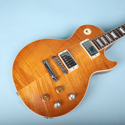 Angled view of the flame maple top showing pickups and controls