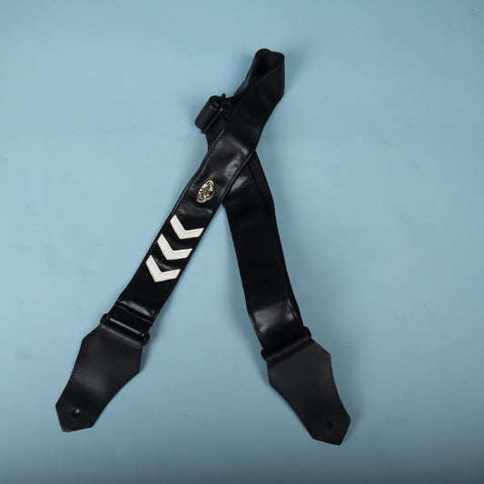 Get'm Get'm Sergeant Stripes 2-inch black guitar strap with white chevrons folded against a blue background