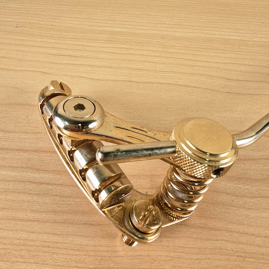 Close-up overhead view of Duesenberg Les Trem II gold vibrato assembly on a wooden surface