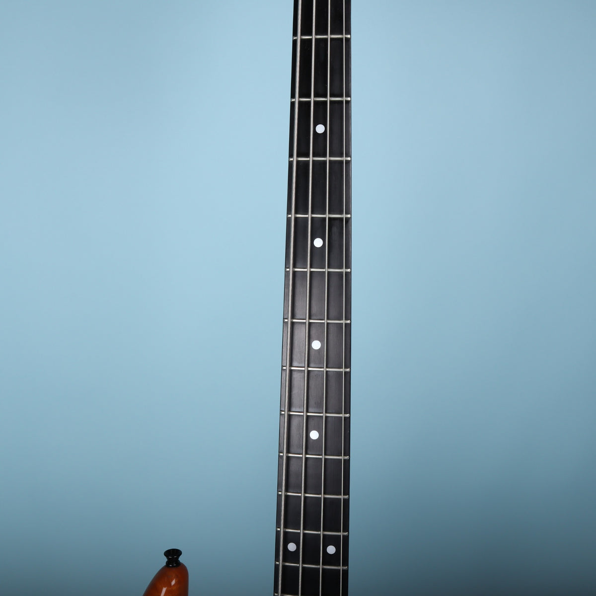 Front view of the ebony fingerboard with frets and white dot markers.