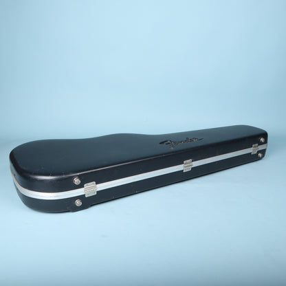 Hinge side view of Fender molded case showing metal hinges and molded feet