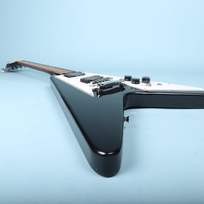 Flying V Style Electric Guitar in Black with White Pickguard
