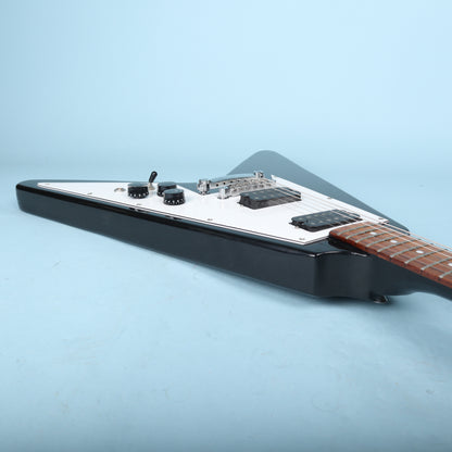 Flying V Style Electric Guitar in Black with White Pickguard