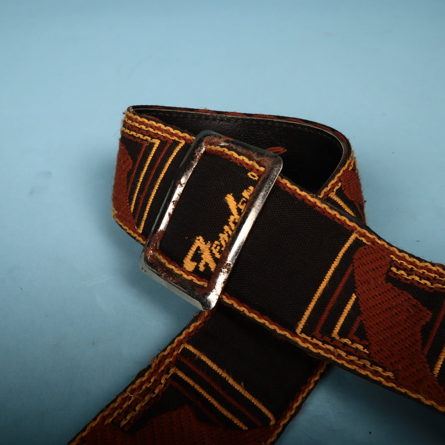 60s Fender Woven Monogramed Logo Headstock Guitar Strap Metal Buckle