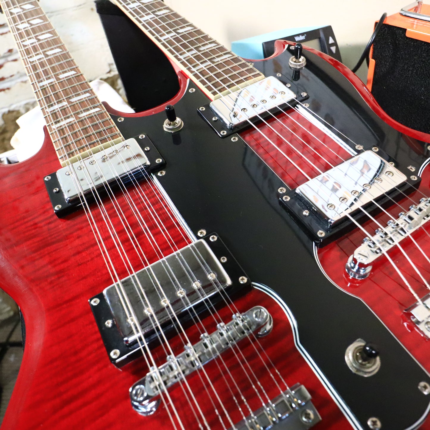 2003 Epiphone G-1275 Standard Flame Top Double Neck SG Cherry Guitar