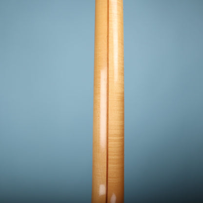 Rear view of flame maple neck showing center stripe construction.