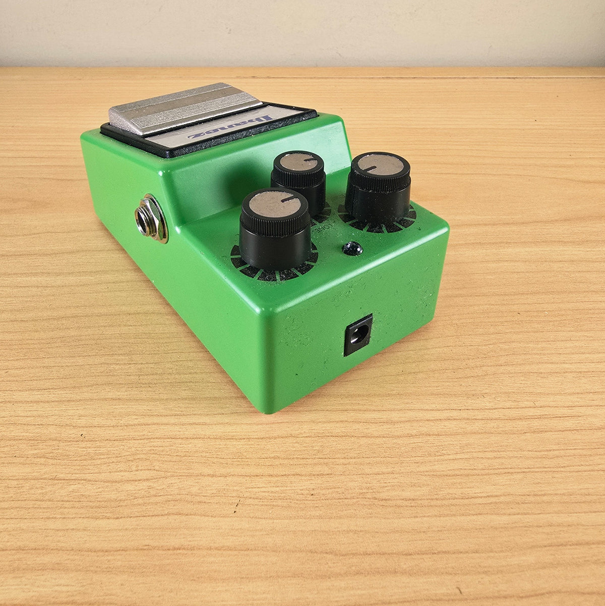 Rear view of the Ibanez TS9 Tube Screamer showing the 9V DC power input jack.