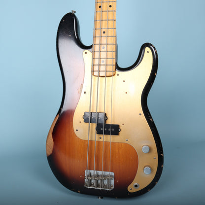 Front body view of the 2009 Fender Road Worn '50s Precision Bass in 2-Color Sunburst with gold anodized pickguard.