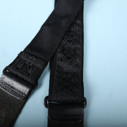 Detail of strap backing weave and leather tab stitching.
