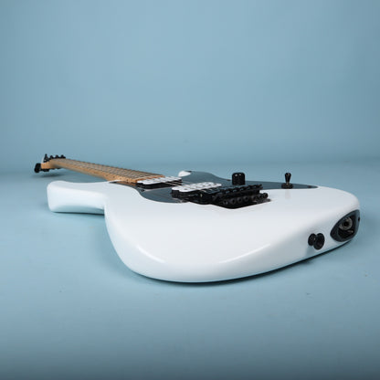 Bottom edge perspective showing body curves and output jack.