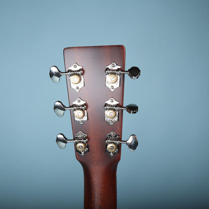 Back of the Martin 0-18 headstock showing open-gear Grover nickel tuning machines.