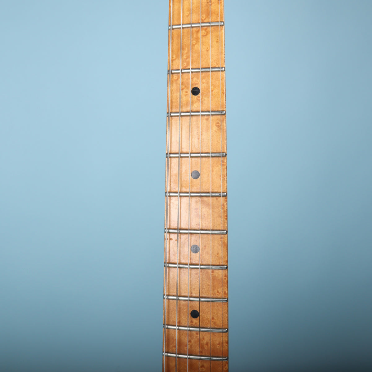 Close-up of maple fingerboard with black dot fret position markers.