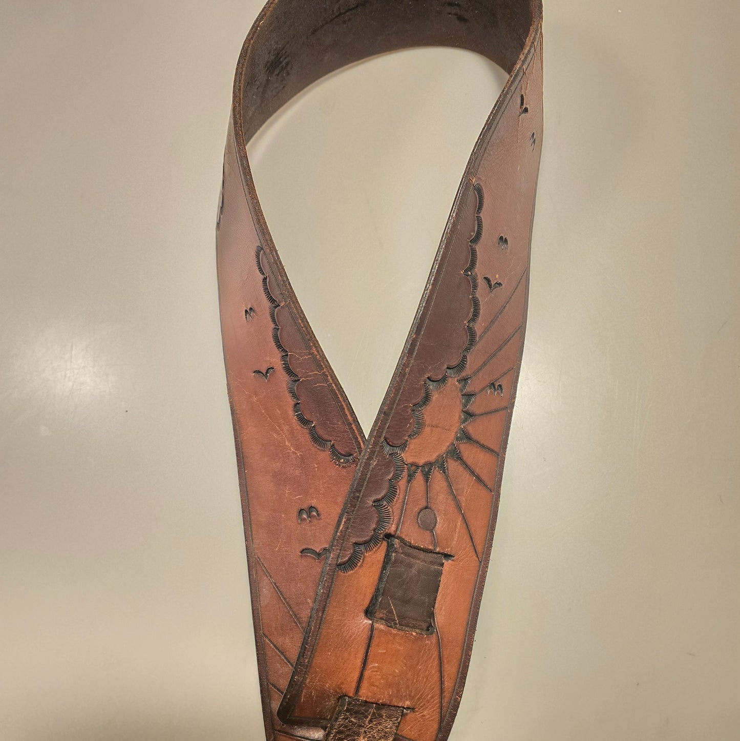 Vintage Tooled Leather Guitar Strap w/ Sun Cloud Bird Design