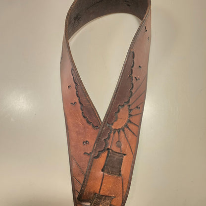 Vintage Tooled Leather Guitar Strap w/ Sun Cloud Bird Design