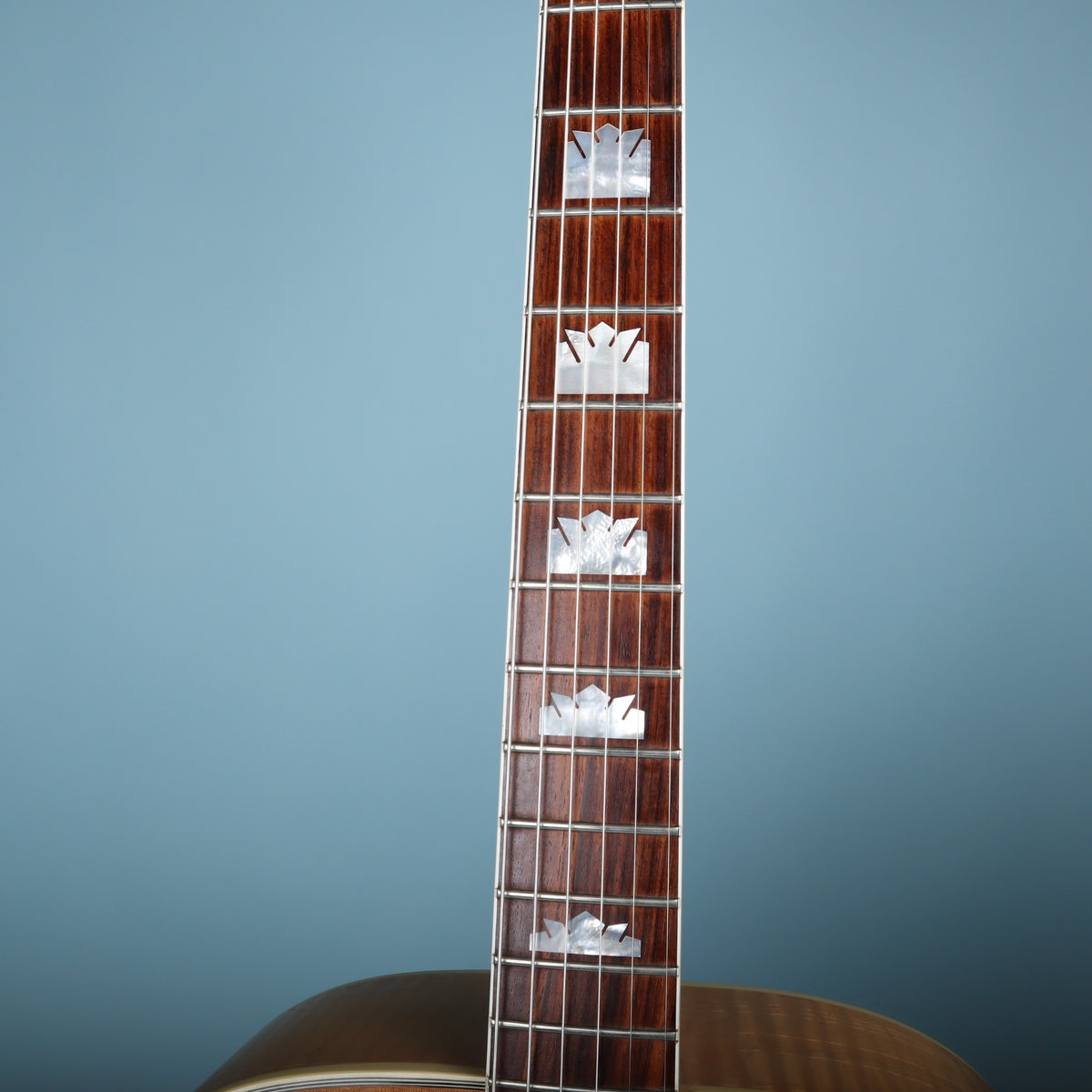 Front view of bound rosewood fingerboard featuring mother-of-pearl crown inlays.