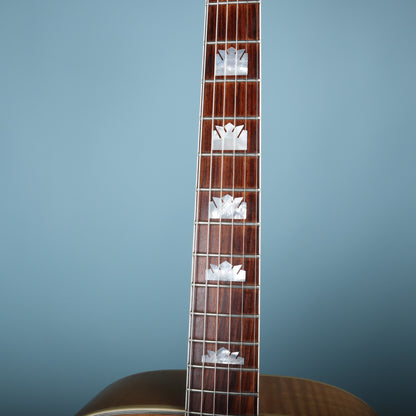 Front view of bound rosewood fingerboard featuring mother-of-pearl crown inlays.