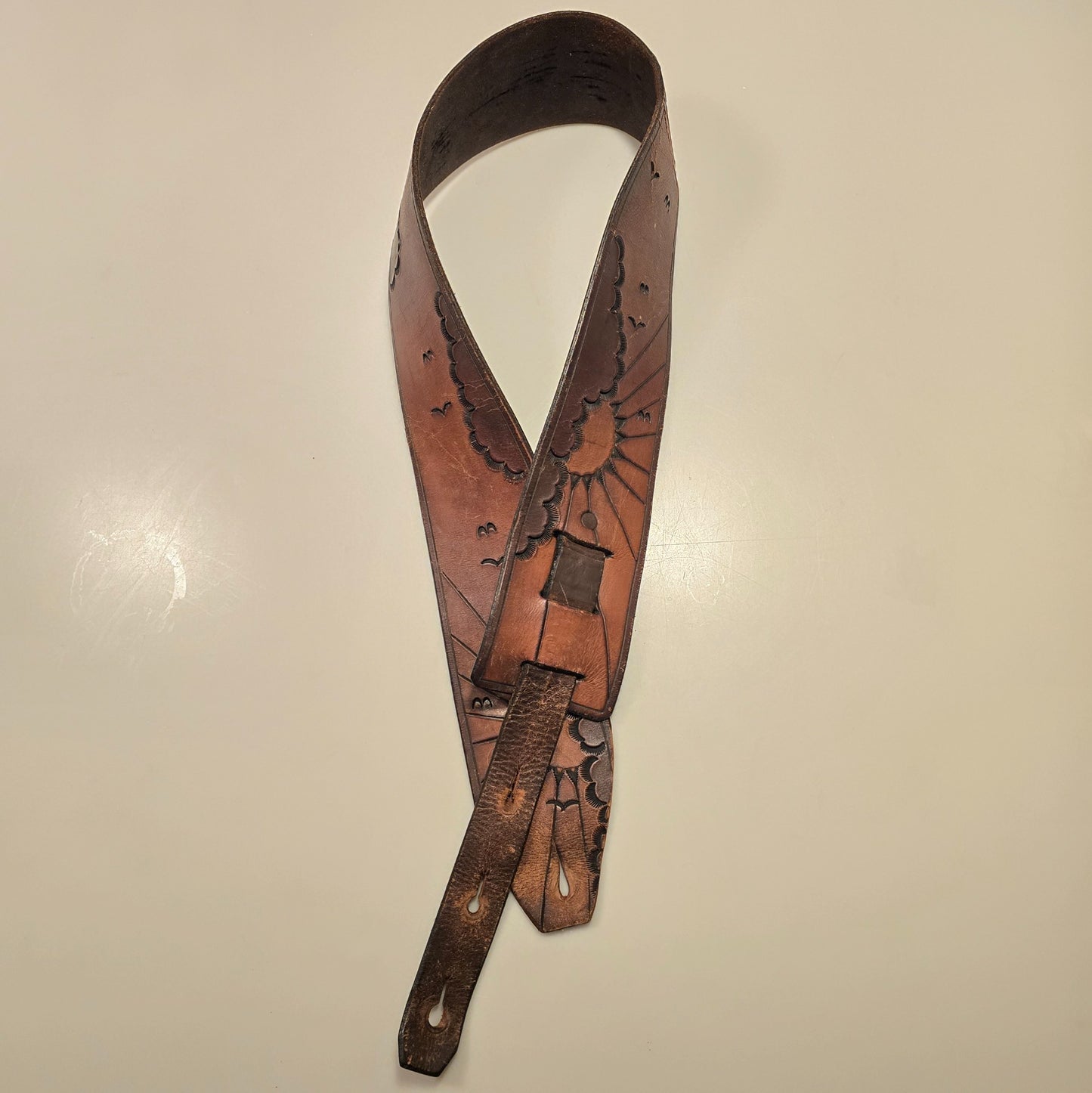 Vintage Tooled Leather Guitar Strap w/ Sun Cloud Bird Design