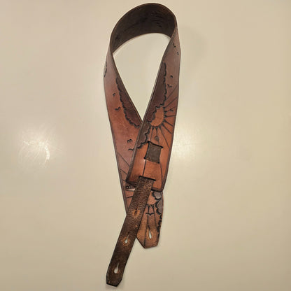 Vintage Tooled Leather Guitar Strap w/ Sun Cloud Bird Design