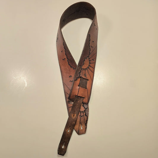 Vintage Tooled Leather Guitar Strap w/ Sun Cloud Bird Design