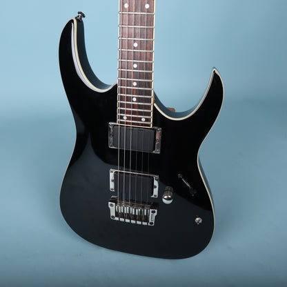 Front angle view of black Ibanez RGA42 body showing pickups and bridge