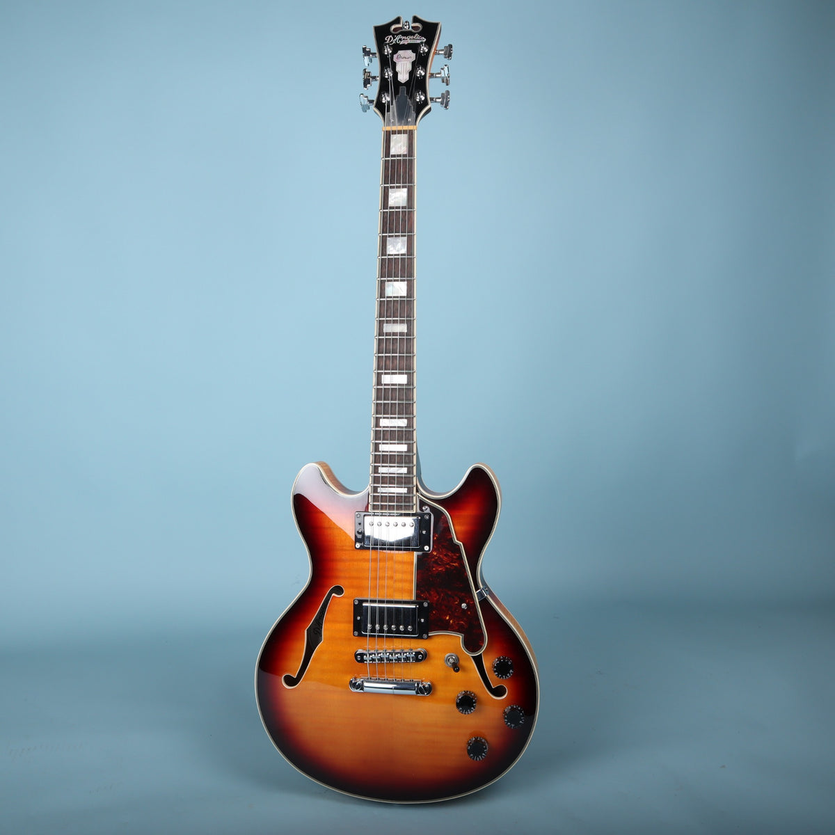 Full front view of the D'Angelico Premier Mini DC double-cutaway electric guitar.