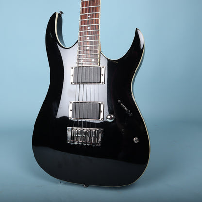 Front body view of black Ibanez RGA42 electric guitar with white binding