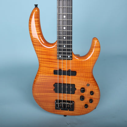 Close-up front view of the Carvin LB70 body showing the pickups, bridge, and control knobs.