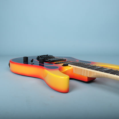 Treble side horn profile showing edge finish and neck joint area
