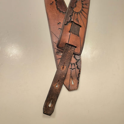 Vintage Tooled Leather Guitar Strap w/ Sun Cloud Bird Design