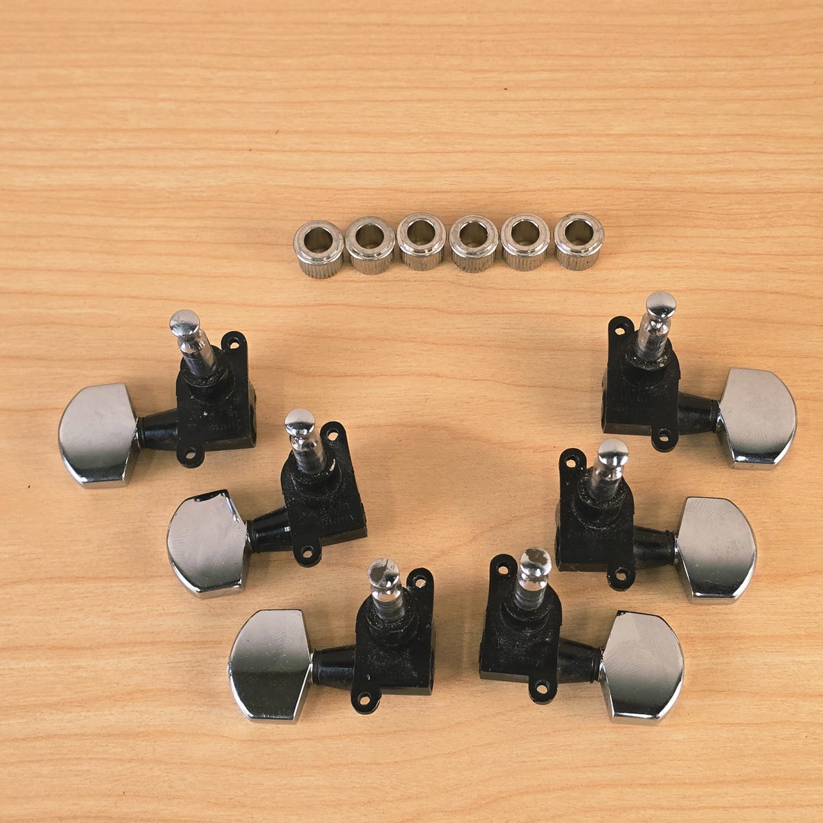 Full view of Schaller tuning machine set arranged in two rows with bushings