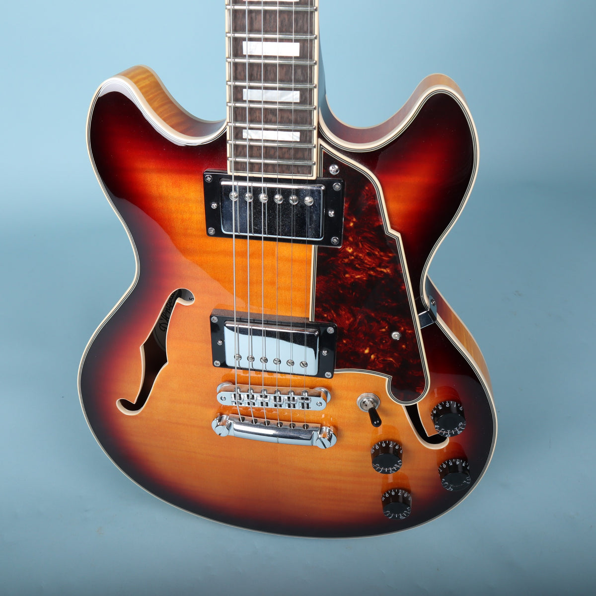 Angled perspective of the D'Angelico Premier Mini DC semi-hollow guitar body.