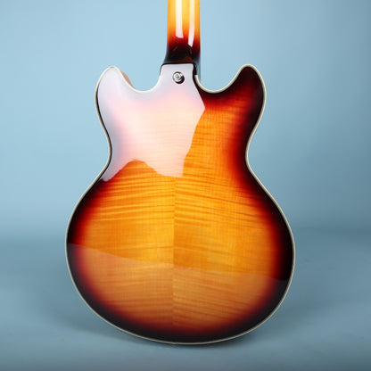 Back of the Premier Mini DC guitar body showing figured maple sunburst finish.