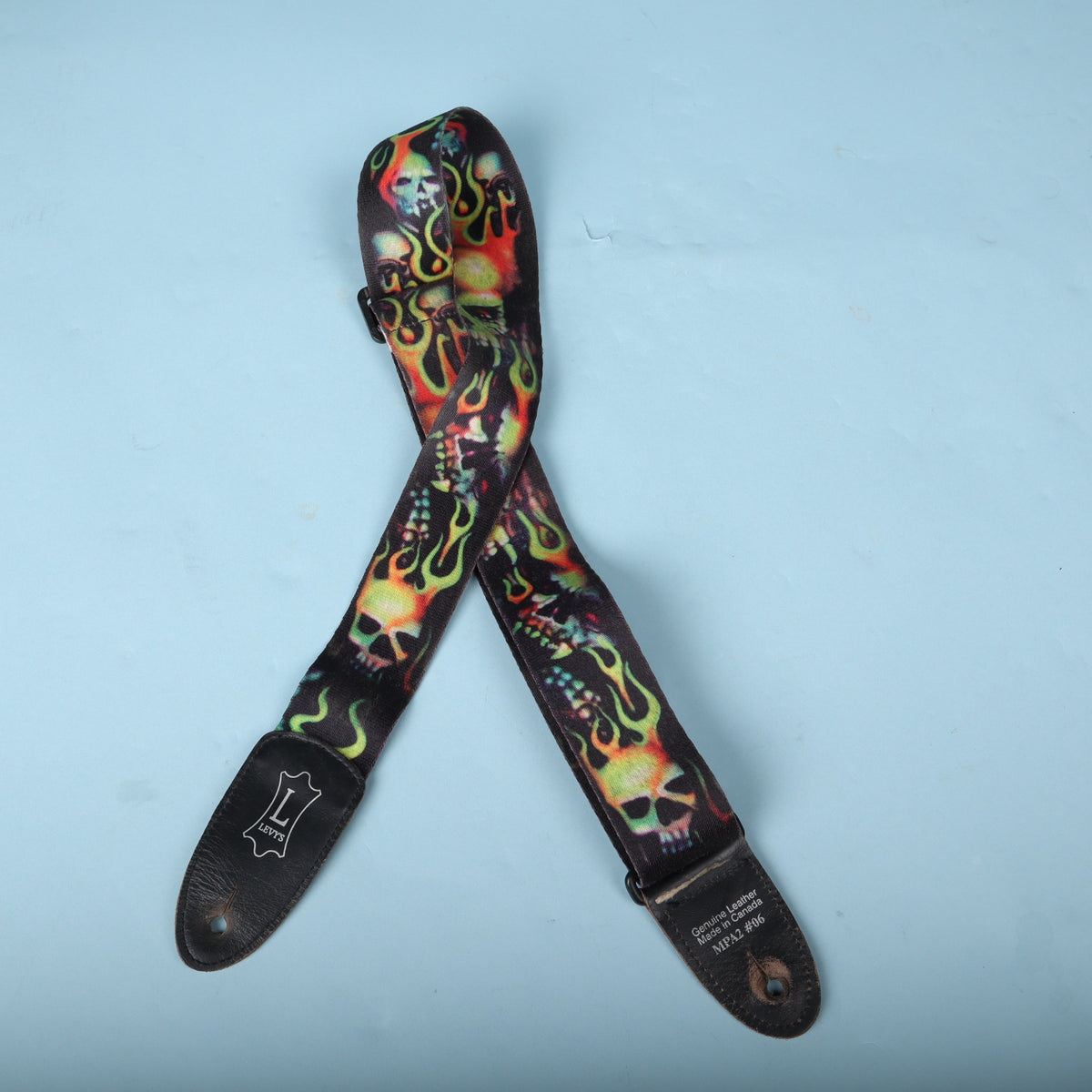 Folded view of the Levy's MPA2 strap showing the overall flame skull pattern.