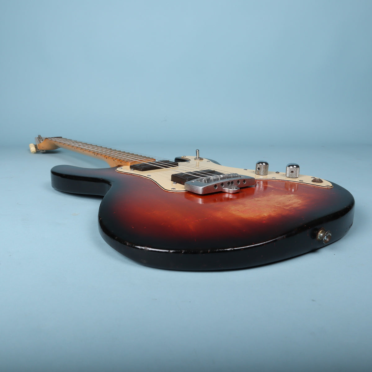 Bottom view of the guitar looking up toward the headstock.