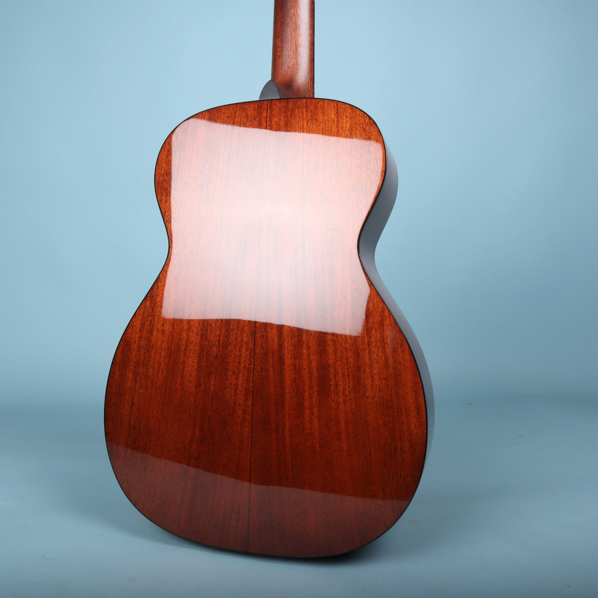 Rear view of the Martin 0-18 body highlighting the bookmatched gloss mahogany back.