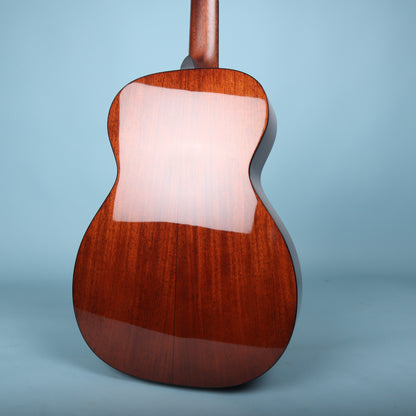 Rear view of the Martin 0-18 body highlighting the bookmatched gloss mahogany back.