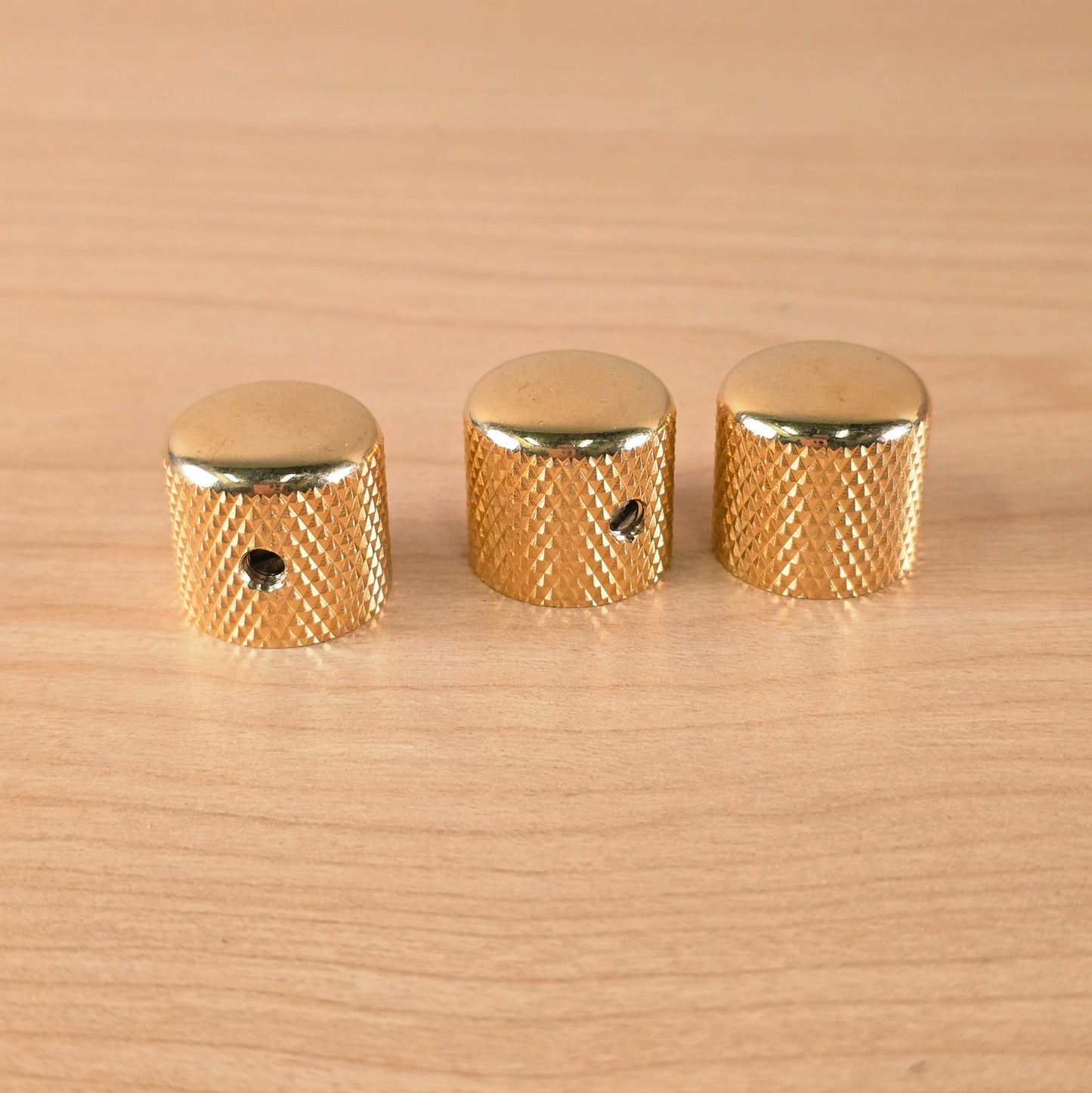 (3) Gold Knurled Dome Knobs for Guitar or Bass Set Screw Strat