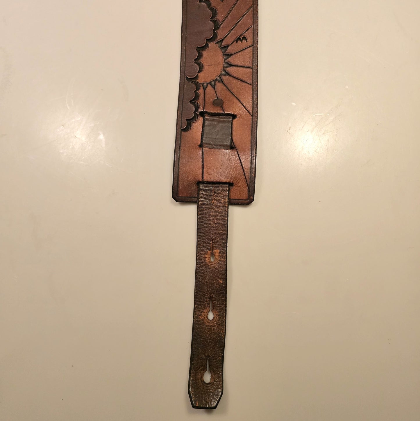 Vintage Tooled Leather Guitar Strap w/ Sun Cloud Bird Design