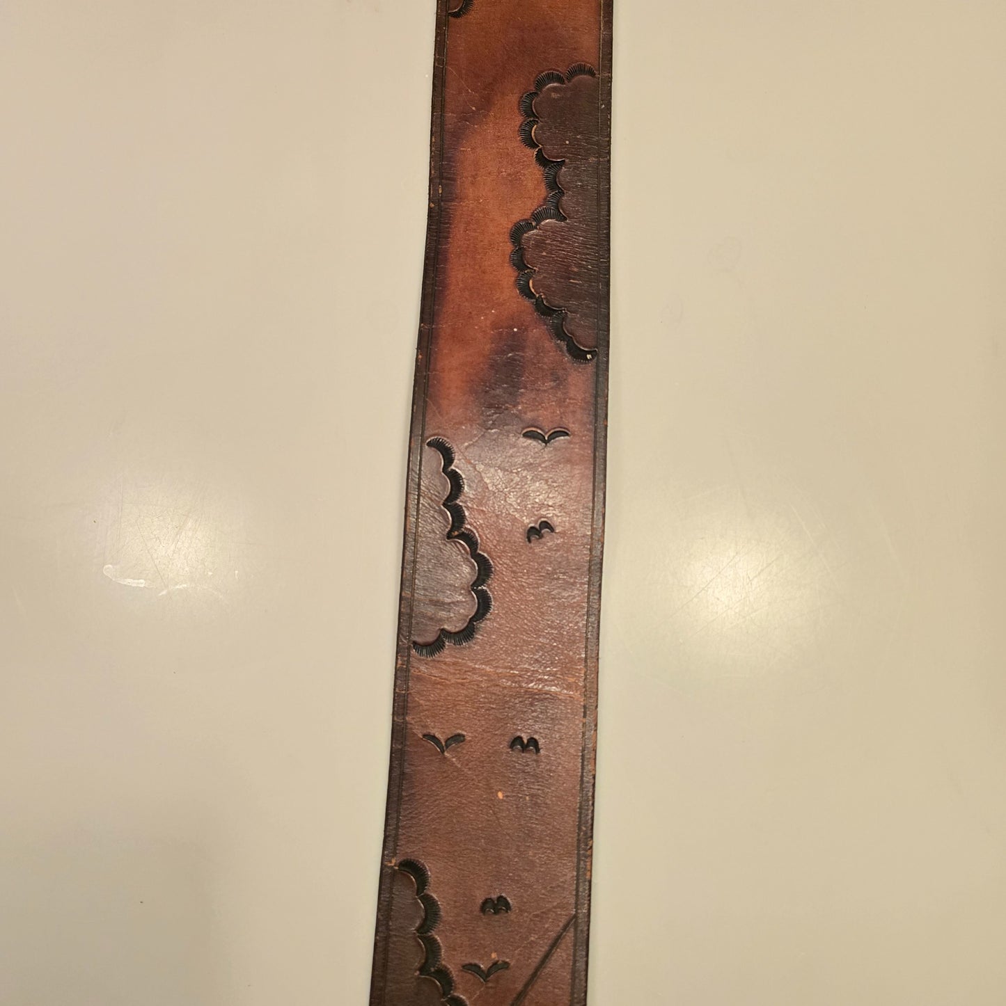 Vintage Tooled Leather Guitar Strap w/ Sun Cloud Bird Design