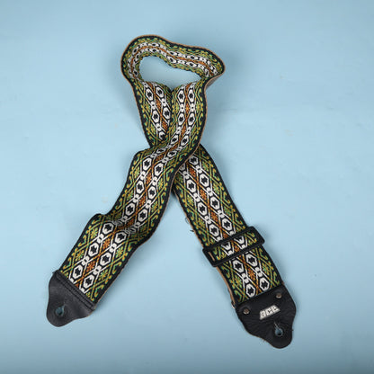 Full front view of the 1970s Ace strap showing the woven geometric pattern and stamped leather end.