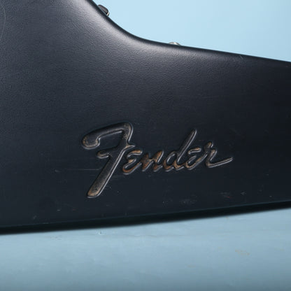 Close-up of embossed Fender script logo on black molded exterior