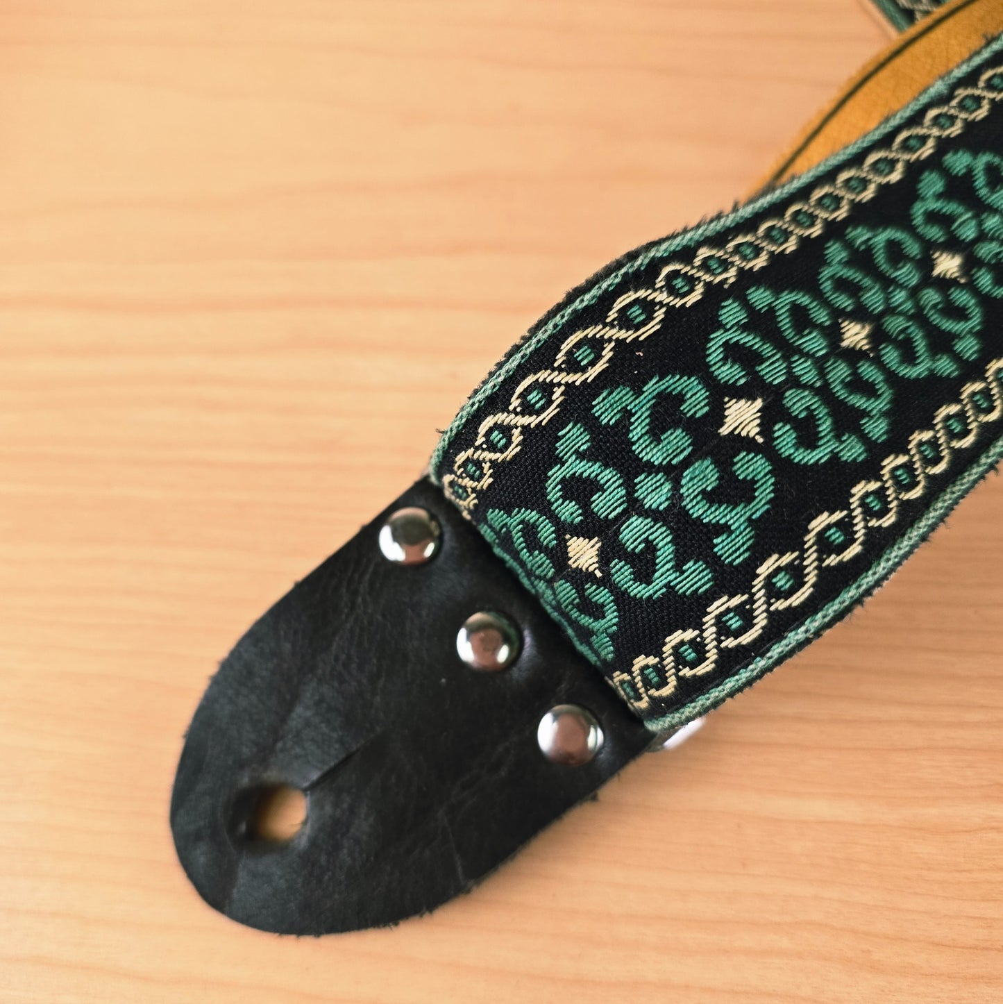 Vintage Woven Jacquard Guitar Strap Green Black Pattern